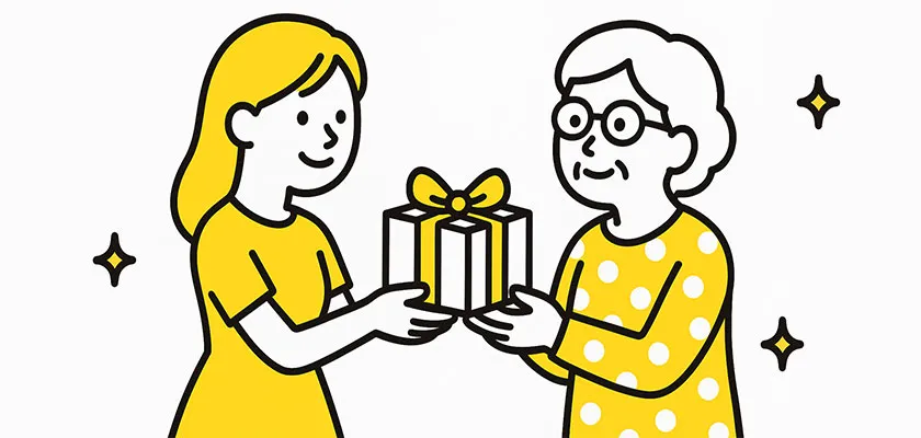 祖母にプレゼントをあげる女性のイラスト