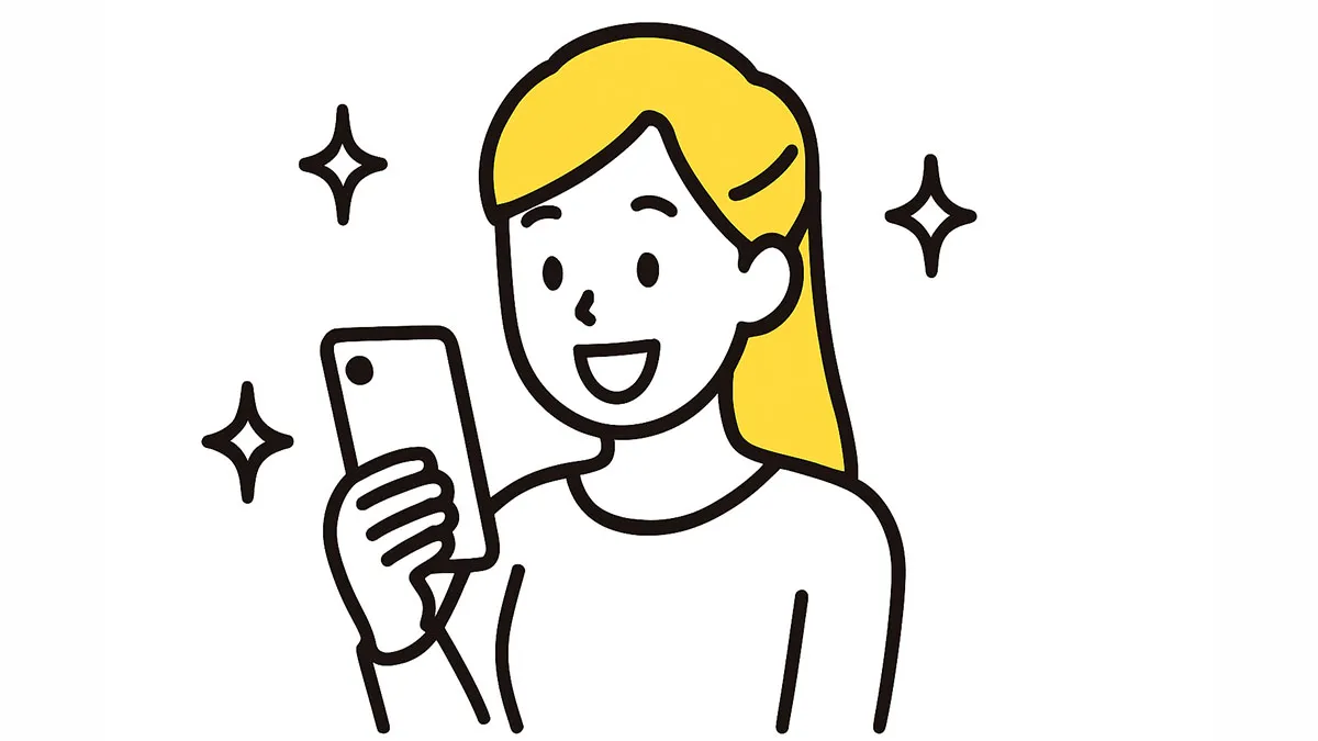 スマホを見て喜ぶ女性のイラスト