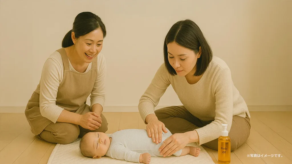 ベビーケアについて学んでいるお母さん