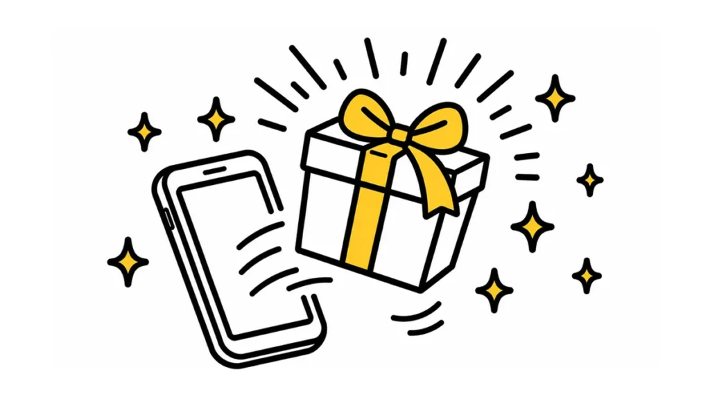スマホからプレゼントが飛び出してきているイメージイラスト