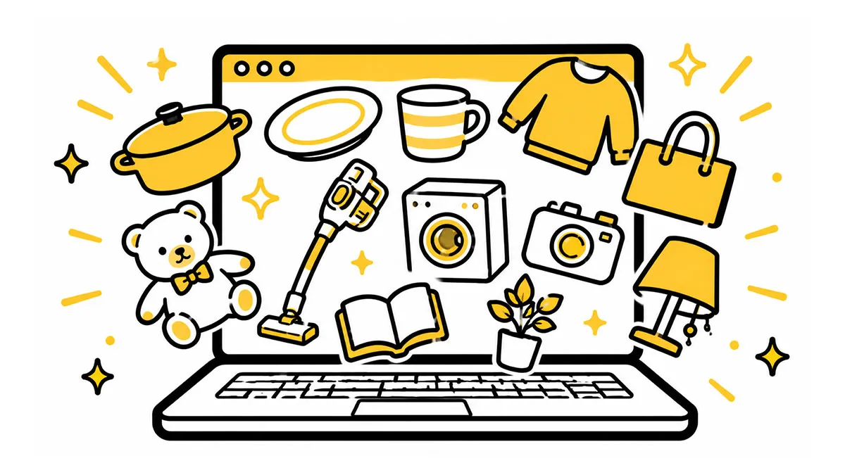PCからいろいろな商品が飛び出しているイメージイラスト