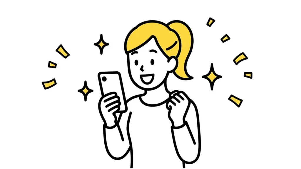 スマホを見て喜ぶ女性のイラスト