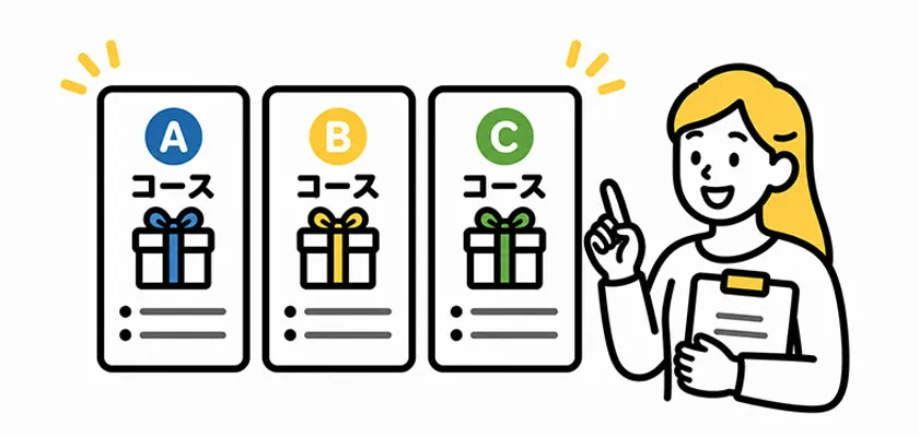 カタログギフトのコースの違いを解説する女性のイラスト
