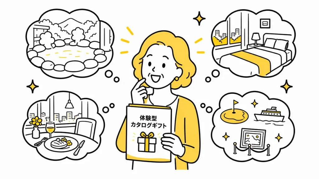 カタログギフトの使い道に迷う年配の女性のイラスト