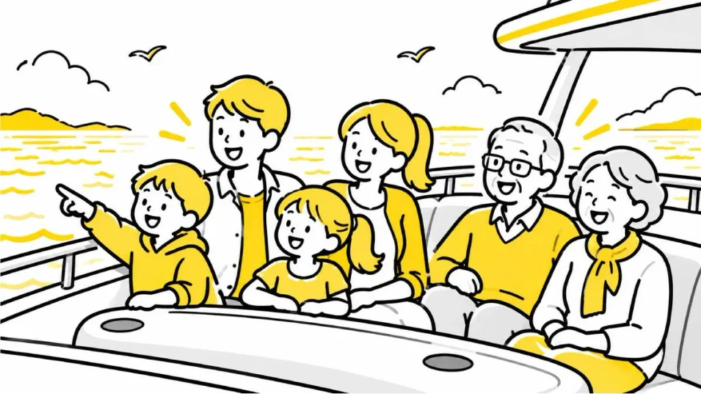 クルージングを楽しむ家族のイラスト